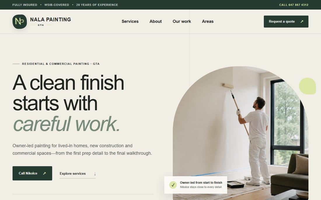 Home page of Nala Painting, with a painter rolling a wall and the headline A clean finish starts with careful work