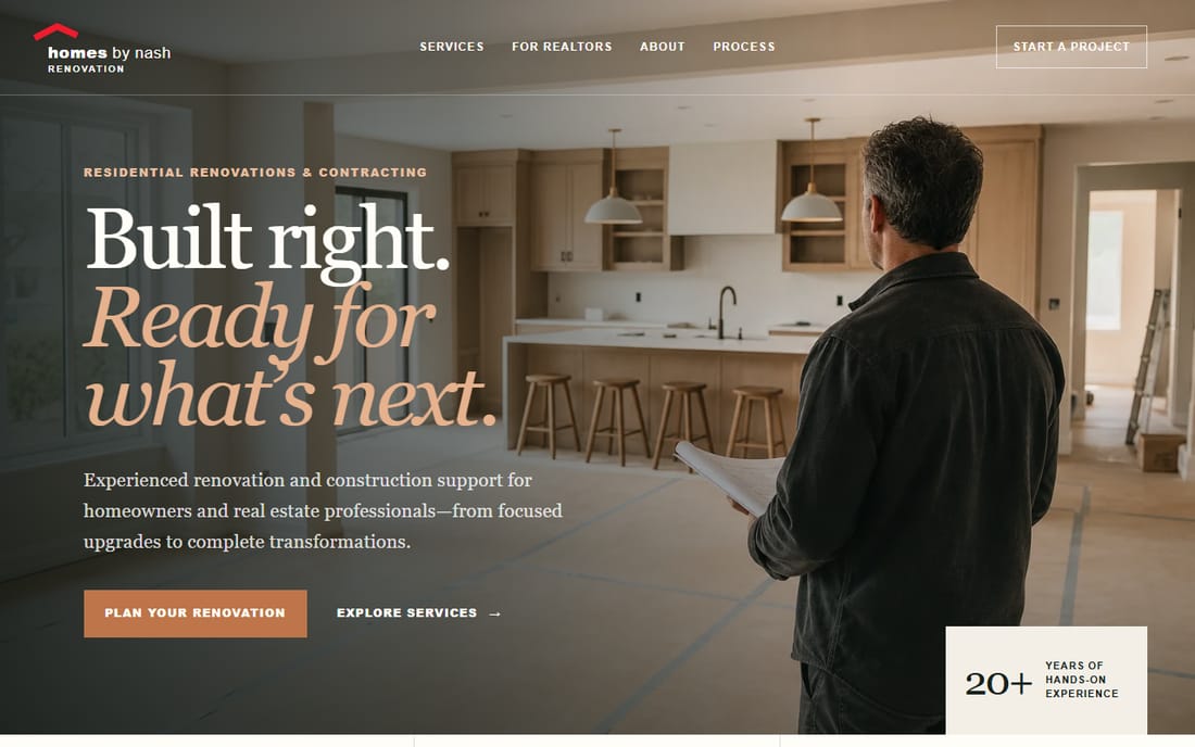 Home page of Homes by Nash, with a contractor reviewing plans in a half-finished kitchen and the headline Built right, ready for what is next